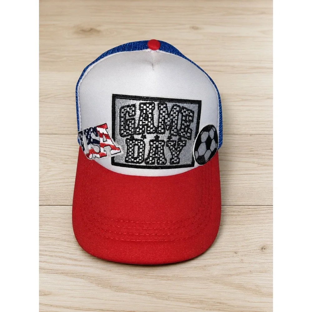 USA Game Day Soccer  Mesh Trucker Hat Red White Blue Embroidered Patches